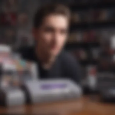 Passionate SNES Gamer with Game Collection A gamer enthusiast showcasing their SNES game collection
