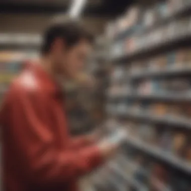 In-Store Exploration of Used Nintendo DS Games An enthusiast browsing through a store's selection of pre-owned Nintendo DS titles