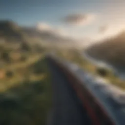 A scenic view of a train traveling through a picturesque landscape