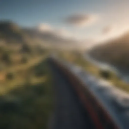 A scenic view of a train traveling through a picturesque landscape