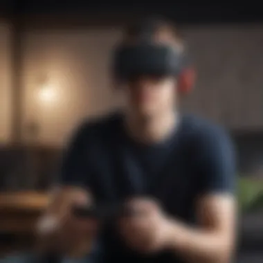 Gamer Immersed in Virtual Reality Experience A gamer immersed in a virtual reality environment with a Nintendo Switch.