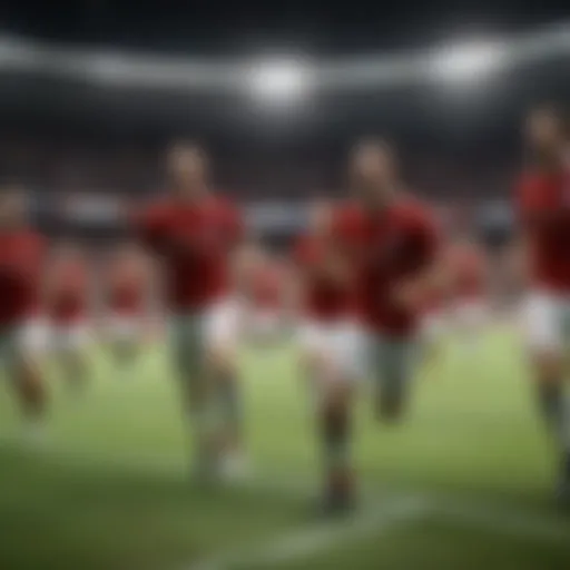 Virtual stadium filled with animated players celebrating a goal