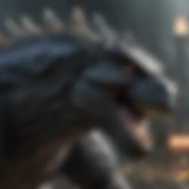 Detailed view of Godzilla's massive scale and menacing presence