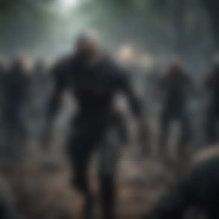 Grim undead horde approaching a lone survivor in the shadows