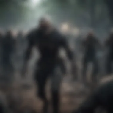 Grim Undead Encounter Grim undead horde approaching a lone survivor in the shadows