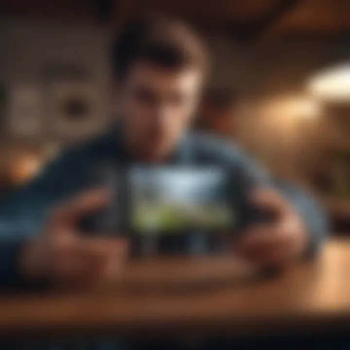 A gamer interacting with a handheld emulation console in a cozy setting.
