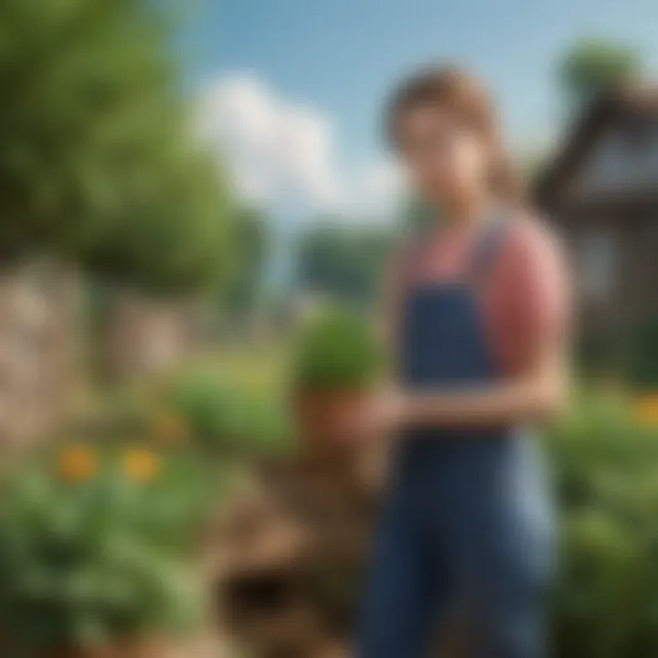 Nurturing Growth in Gameplay A character nurturing plants, reflecting growth and personal development in gameplay.