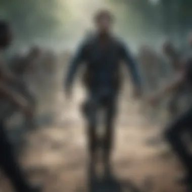 Intense Survival Challenge Intense moment of survival as a protagonist faces a swarm of zombies