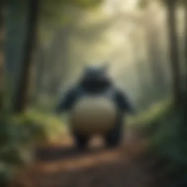 Silhouette of Snorlax blocking the path in a lush forest