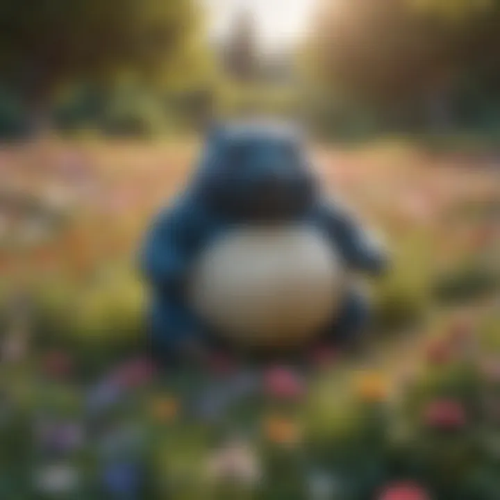 Snorlax in a serene meadow surrounded by colorful flowers