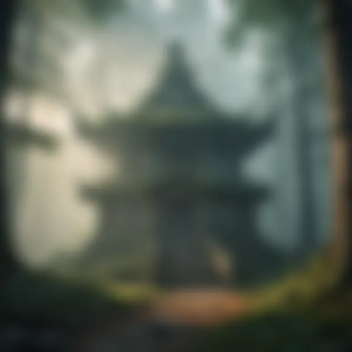 Mysterious Forest Temple shrouded in mist