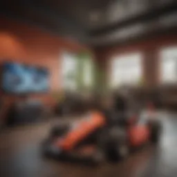 A vibrant Mario Kart circuit setup in a living room with dynamic racing elements.