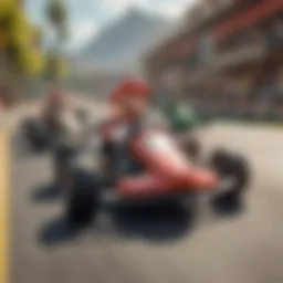 A vibrant scene from Mario Kart showcasing characters racing on a colorful track.