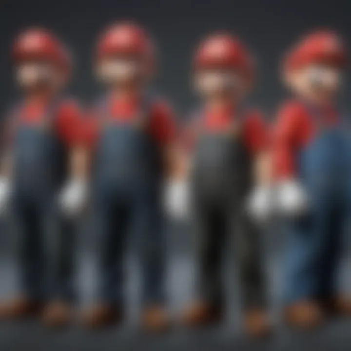 An artistic representation of the evolution of Mario's character design over the years, highlighting changes in style and features.