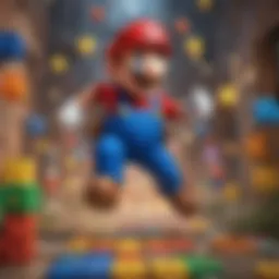 A vibrant scene showcasing Mario in his classic outfit, jumping through a colorful level filled with iconic blocks and enemies.