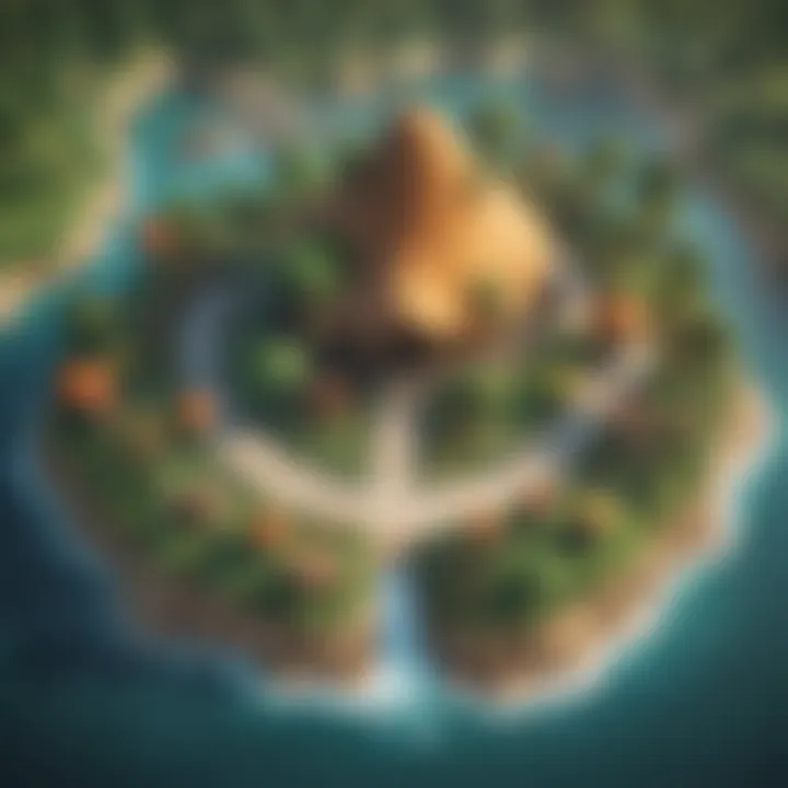 Aerial view of a beautifully designed Animal Crossing island showcasing various biomes and pathways.