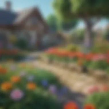 Close-up of a vibrant garden area on an Animal Crossing island featuring unique flower arrangements.