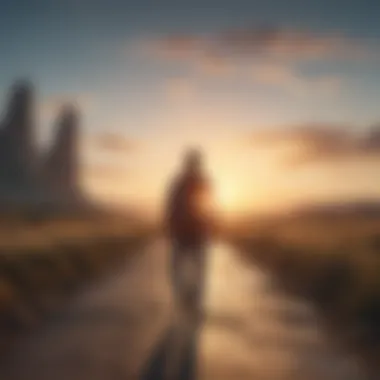 Illustration of a person walking towards a sunrise symbolizing moving forward