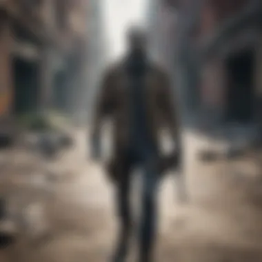 Mysterious Urban Exploration Mysterious figure navigating a desolate urban wasteland