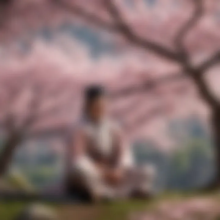 Ethereal landscape with cherry blossoms and a lone warrior meditating