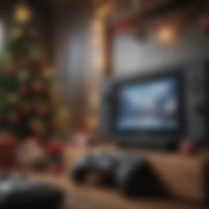 A cozy gaming setup with a Nintendo Switch and holiday decorations