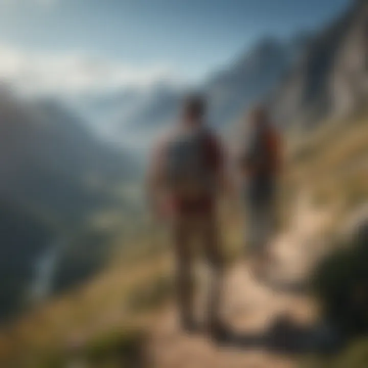 A diverse group of friends hiking together in a picturesque mountain landscape