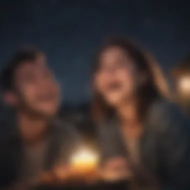 A pair of friends laughing together under the starry night sky