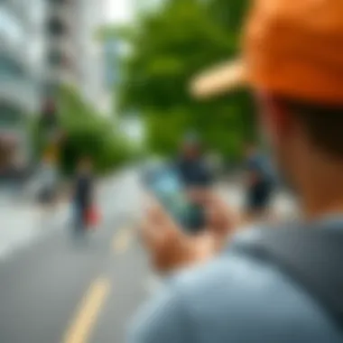 Using Technology to Discover Pokémon in Urban Areas A player using a smartphone to locate Pokémon in an urban environment