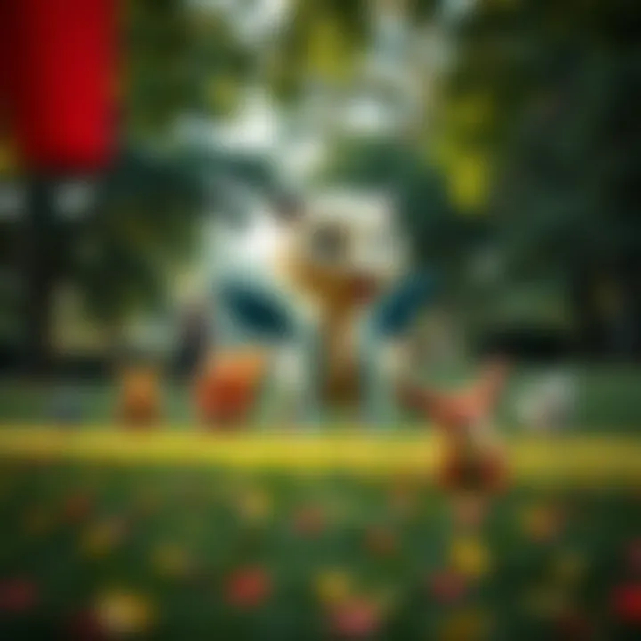 A vibrant park filled with diverse Pokémon spawning locations