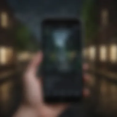 A smartphone displaying a night vision application interface in a dark environment.