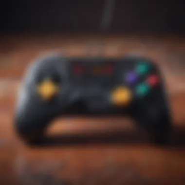 A retro gaming controller resting on a colorful pixelated background