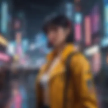 Illustration of a mysterious female detective in a neon-lit cyberpunk world