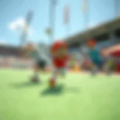 A vibrant gameplay scene from a Nintendo Switch sports game reminiscent of Wii Sports.