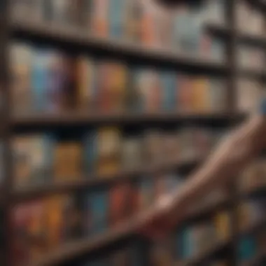 A close-up of a hand selecting a game from a shelf filled with various tabletop games