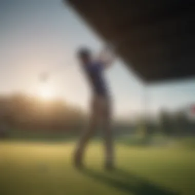 An individual practicing their swing on an open driving range, emphasizing skill development