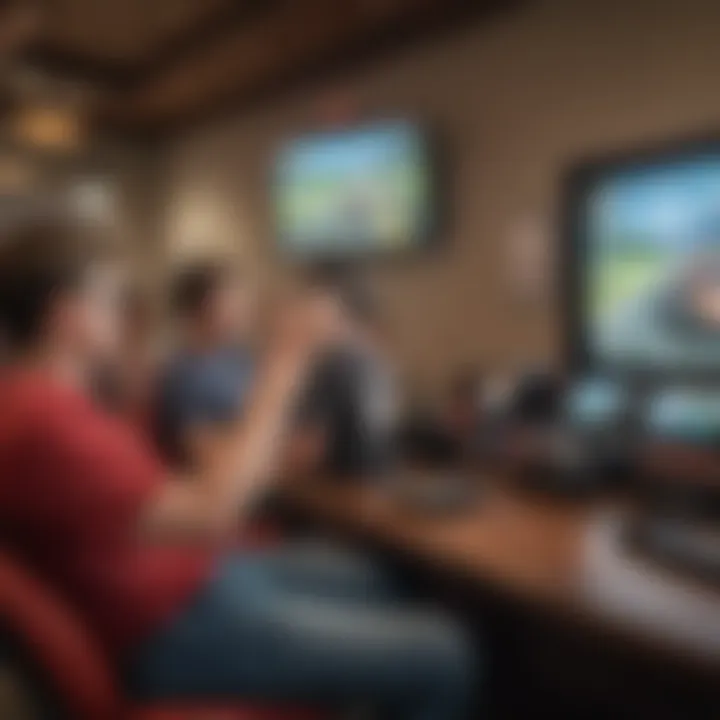 Close-up of a group of friends playing Mario Kart on a large screen at Pretty Kitty Mission Valley