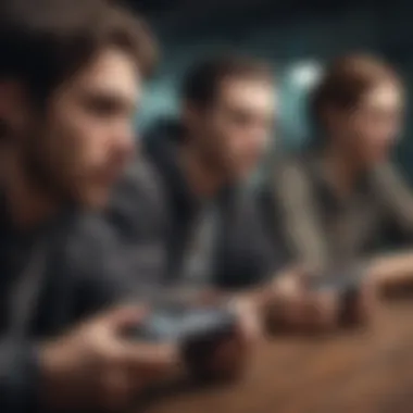 Diverse Gamers Engaging with Handheld Games An artistic representation of diverse gamers enjoying radical handheld games in various settings.