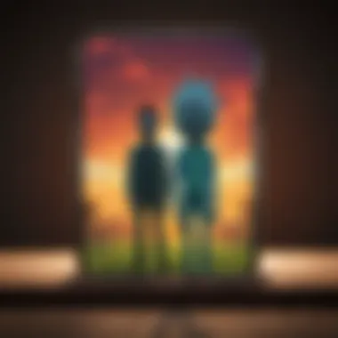 Minimalist silhouette of Rick and Morty against a vibrant backdrop