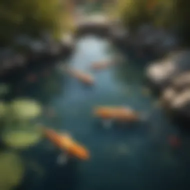 Tranquil Koi Pond Experience Illustration showcasing a serene digital pond with Koi fish swimming gracefully