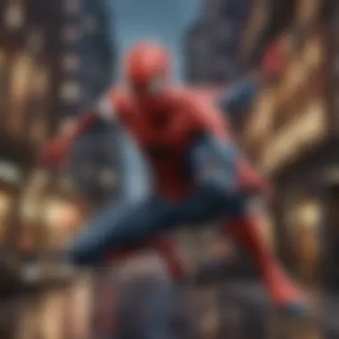 Spiderman swinging through the city