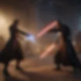 Jedi Master facing a Sith Lord in intense lightsaber duel