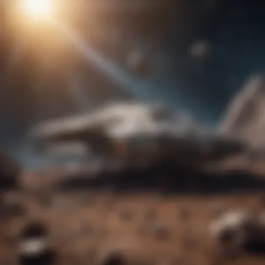 Millennium Falcon navigating through asteroid field dodging debris