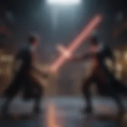 Lightsaber duel between two iconic characters