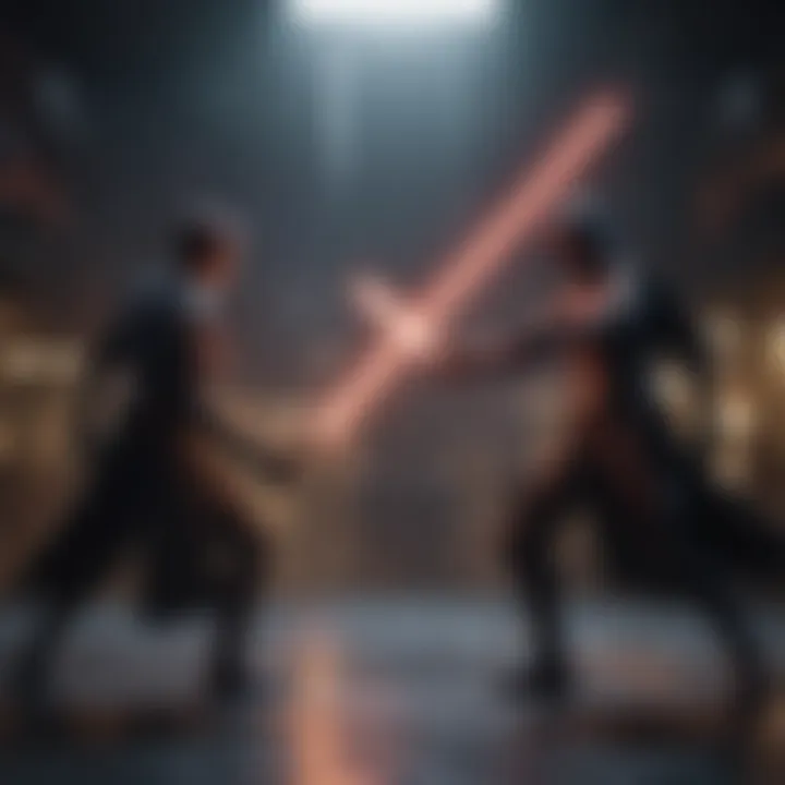 Lightsaber duel between two iconic characters