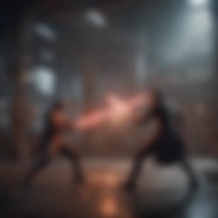 An engaging gameplay moment showcasing lightsaber combat in a Star Wars title