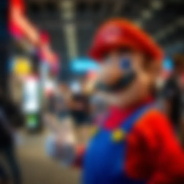An artistic interpretation of Super Mario cosplay at a gaming convention.
