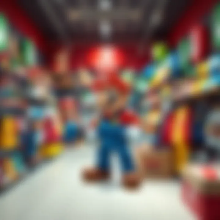 A vibrant display of Super Mario-themed merchandise including toys and apparel.