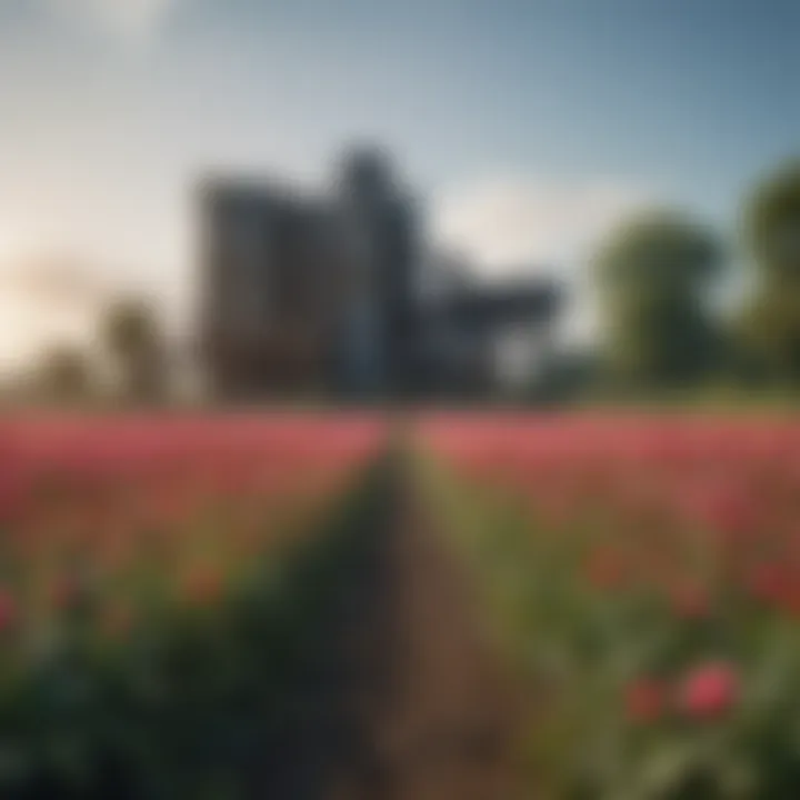 A contrasting image showing industrial agriculture encroaching on a natural habitat of wylde flowers.