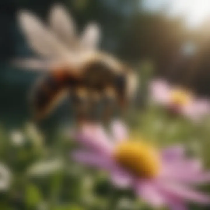 Close-up of a bee pollinating a wylde flower under natural sunlight.