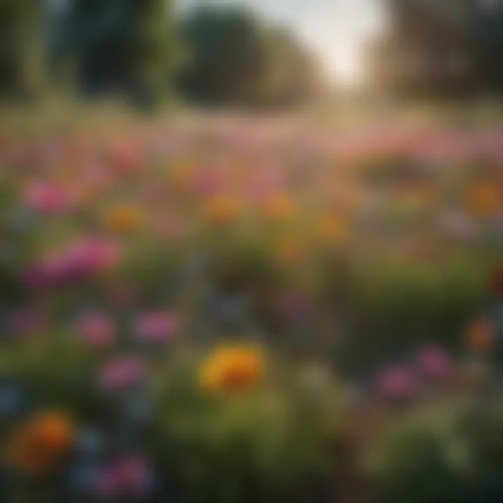 A vibrant meadow filled with diverse wylde flowers attracting various pollinators.